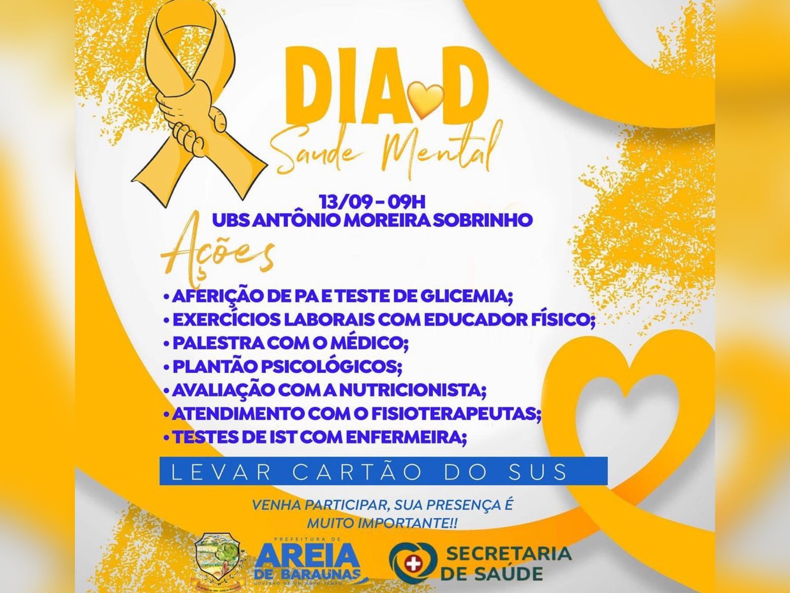 Prefeitura de Areia de Baraúnas realizará ação em prol do Setembro Amarelo: Dia D de Saúde Mental