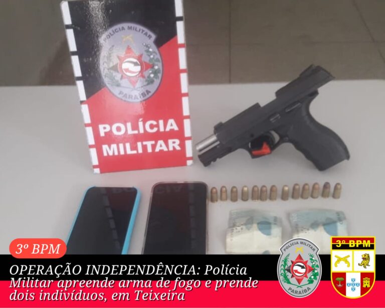 Polícia Militar apreende arma de fogo e prende duas pessoas, em Teixeira