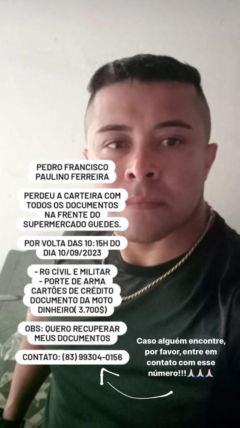 Policial perde carteira com todos os documentos, em Patos, e busca informações