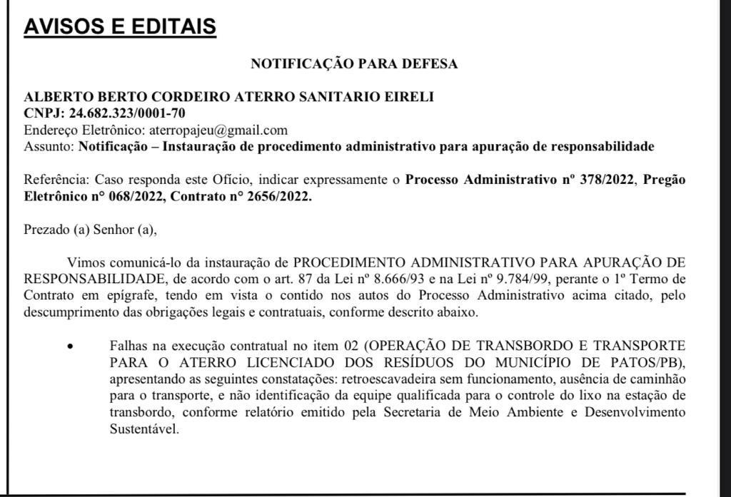 Prefeitura de Patos notifica empresa responsável pelas irregularidades na estação de transbordo