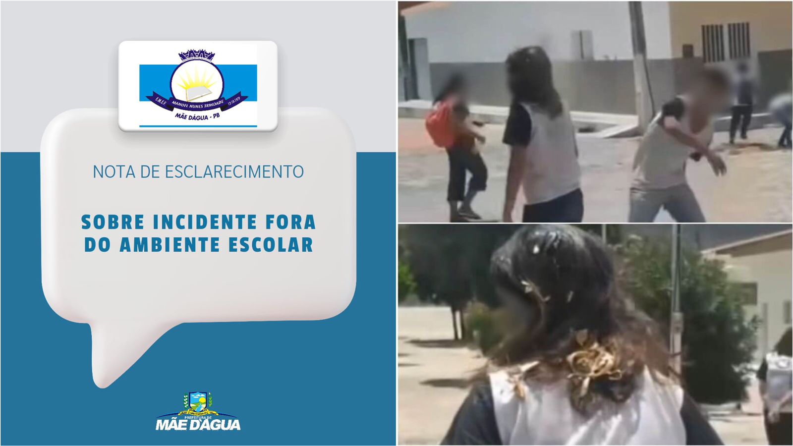 Direção de escola emite nota de esclarecimento sobre incidente com aluna fora do ambiente escolar, em Mãe d'Água