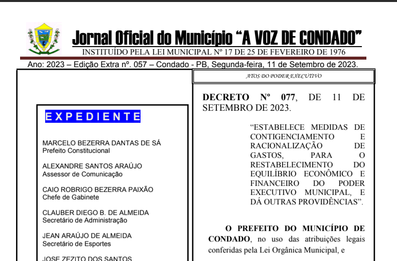 Prefeito de Condado anuncia medidas de contenção de despesas após queda do FPM