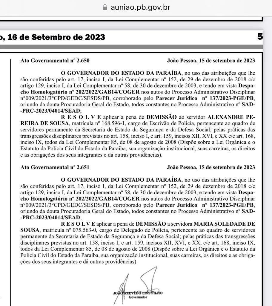 Delegada e escrivão são demitidos da Polícia da Paraíba por cobrança de propina