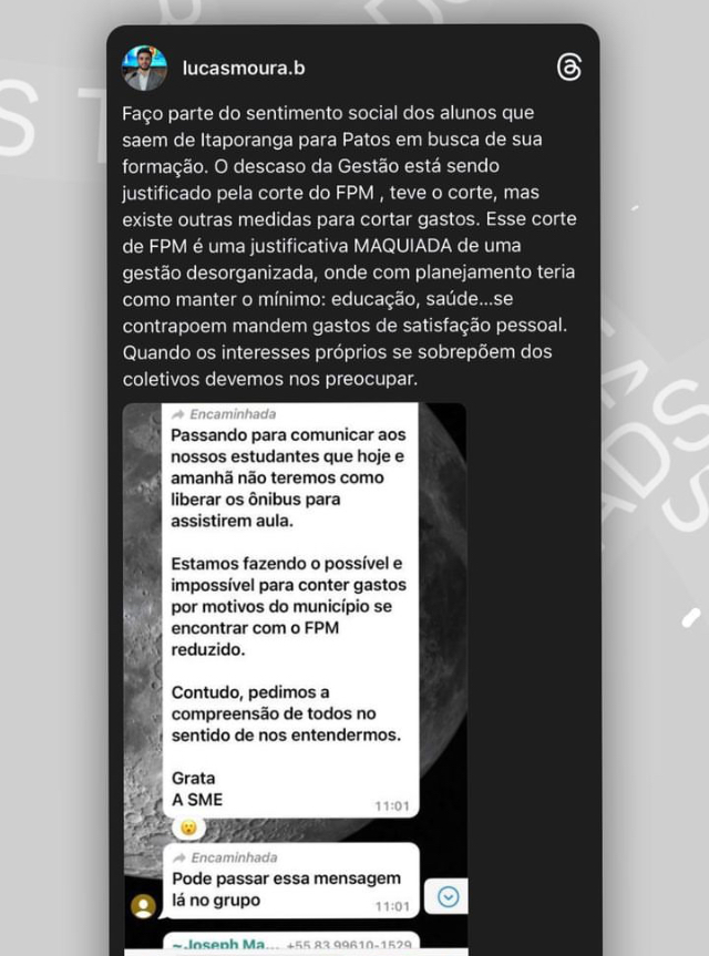 Polêmica: Prefeitura de Itaporanga alega crise devido a queda no FPM e suspende transporte de universitários para a cidade de Patos