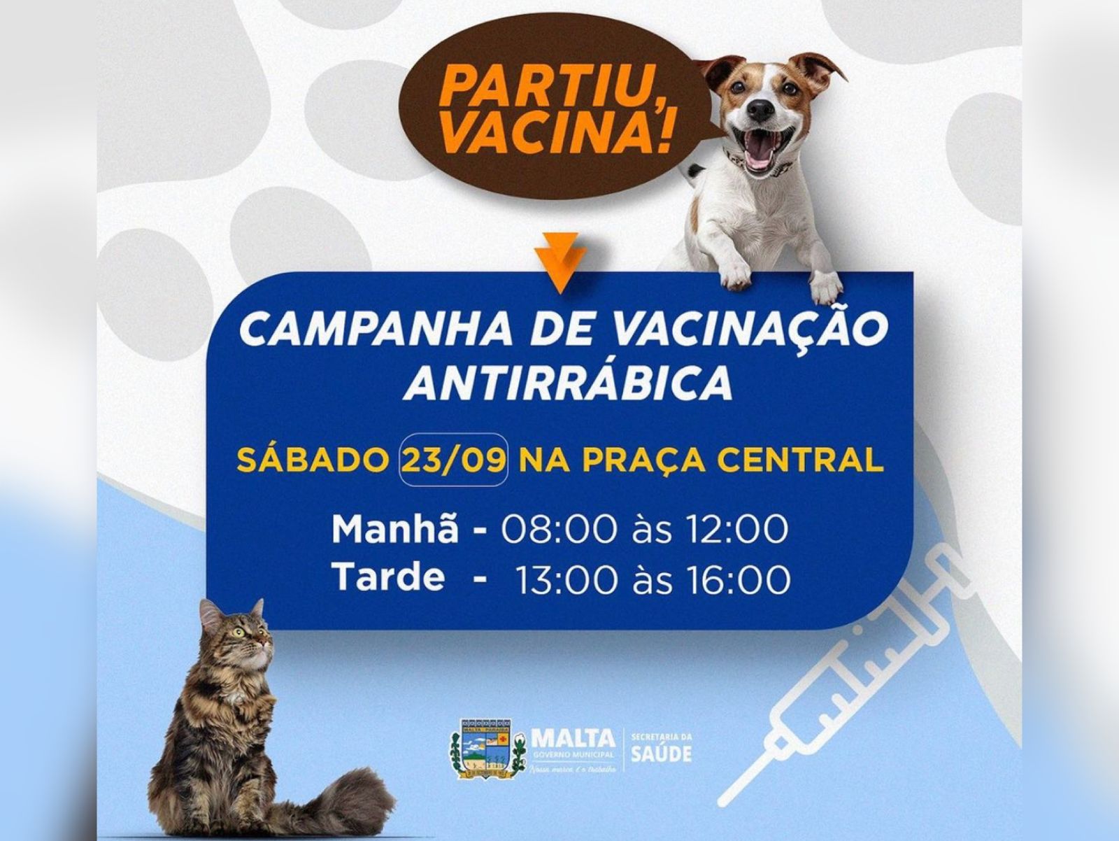 Prefeitura de Malta anuncia programação da vacinação antirrábica para o próximo sábado (23)