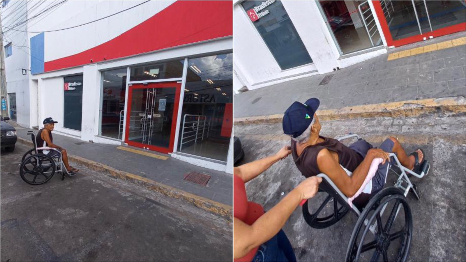 Cidadão cadeirante reclama de falta de acessibilidade em calçada de agência bancária no Centro de Patos