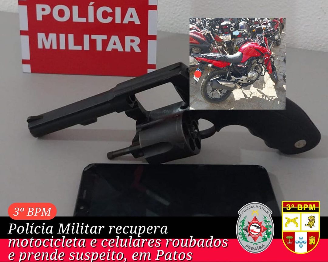 Polícia militar recupera motocicleta e celulares roubados e prende suspeito, em Patos