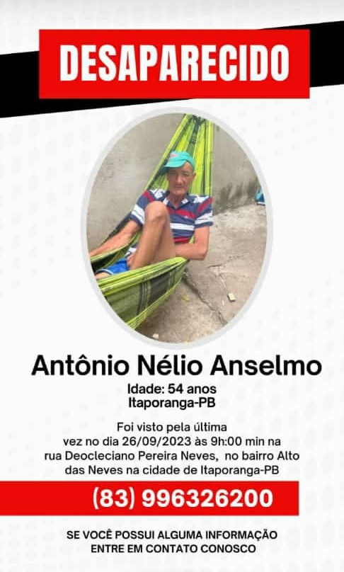 Família busca informações sobre homem residente em Itaporanga e que está desaparecido desde a última terça-feira (26)