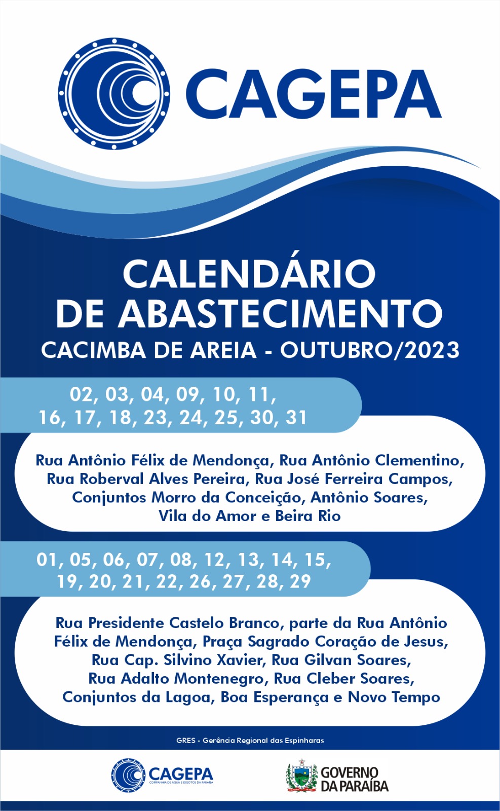 Cagepa divulga calendário de abastecimento para o mês de outubro, em Cacimba de Areia; confira