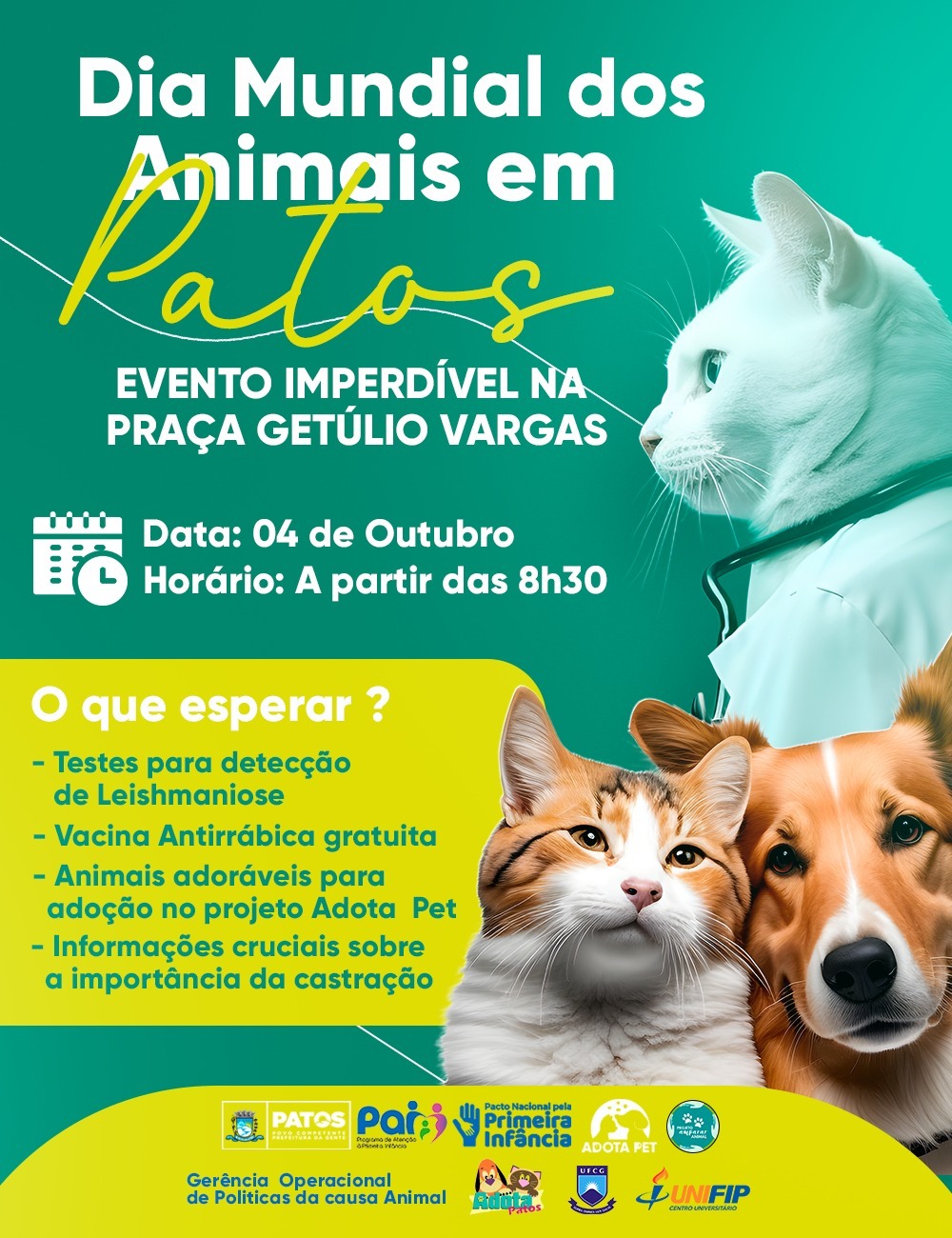 Nesta Quarta-feira (04): Dia Mundial dos Animais traz oportunidade de adoção na praça Getúlio Vargas, em Patos
