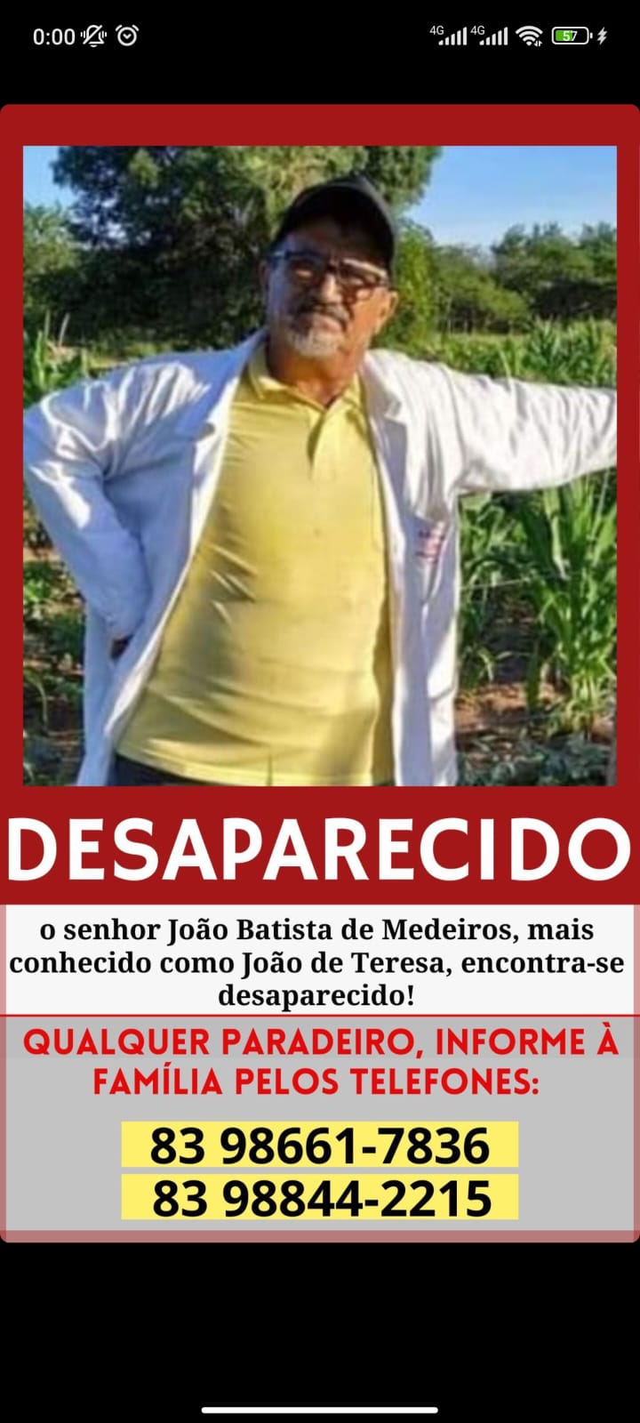 Família busca por idoso de 67 anos que está desaparecido desde a última segunda-feira (02), em São Mamede