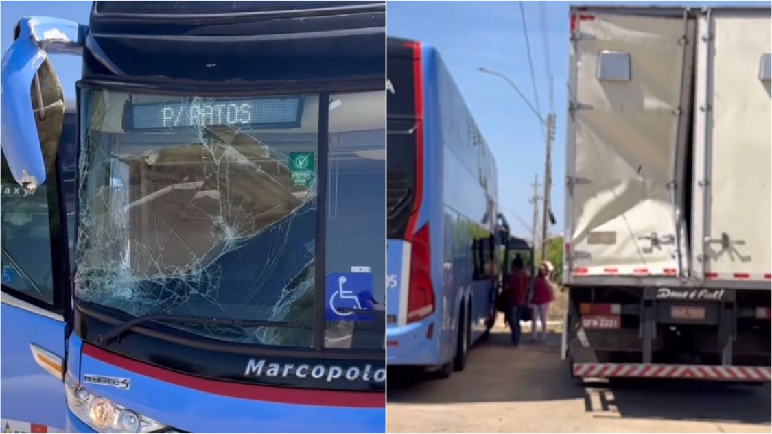 Ônibus com passageiros colide na traseira de caminhão, na BR-230, em Pombal; ninguém ficou ferido