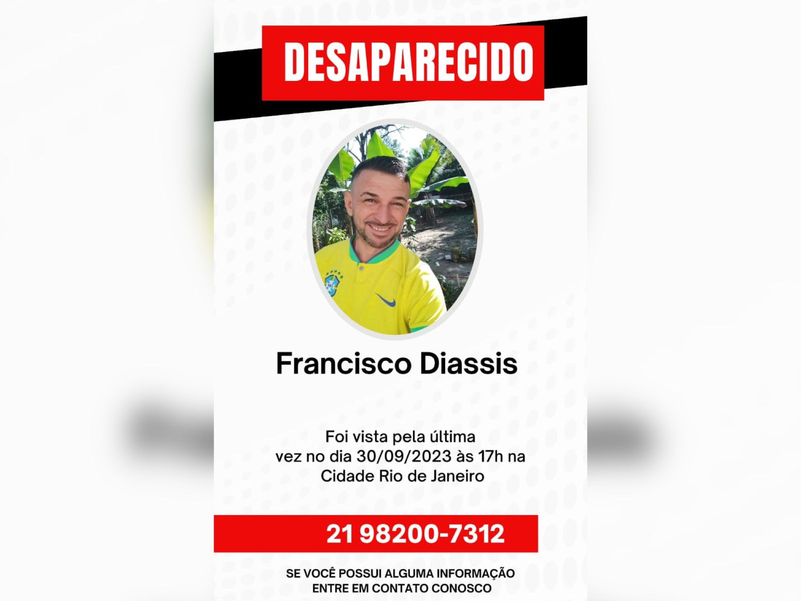 Família busca por Francisco Diassis Nobrega de Sousa, natural de São Mamede, que foi visto pela última vez na sexta-feira (29), no Rio de Janeiro