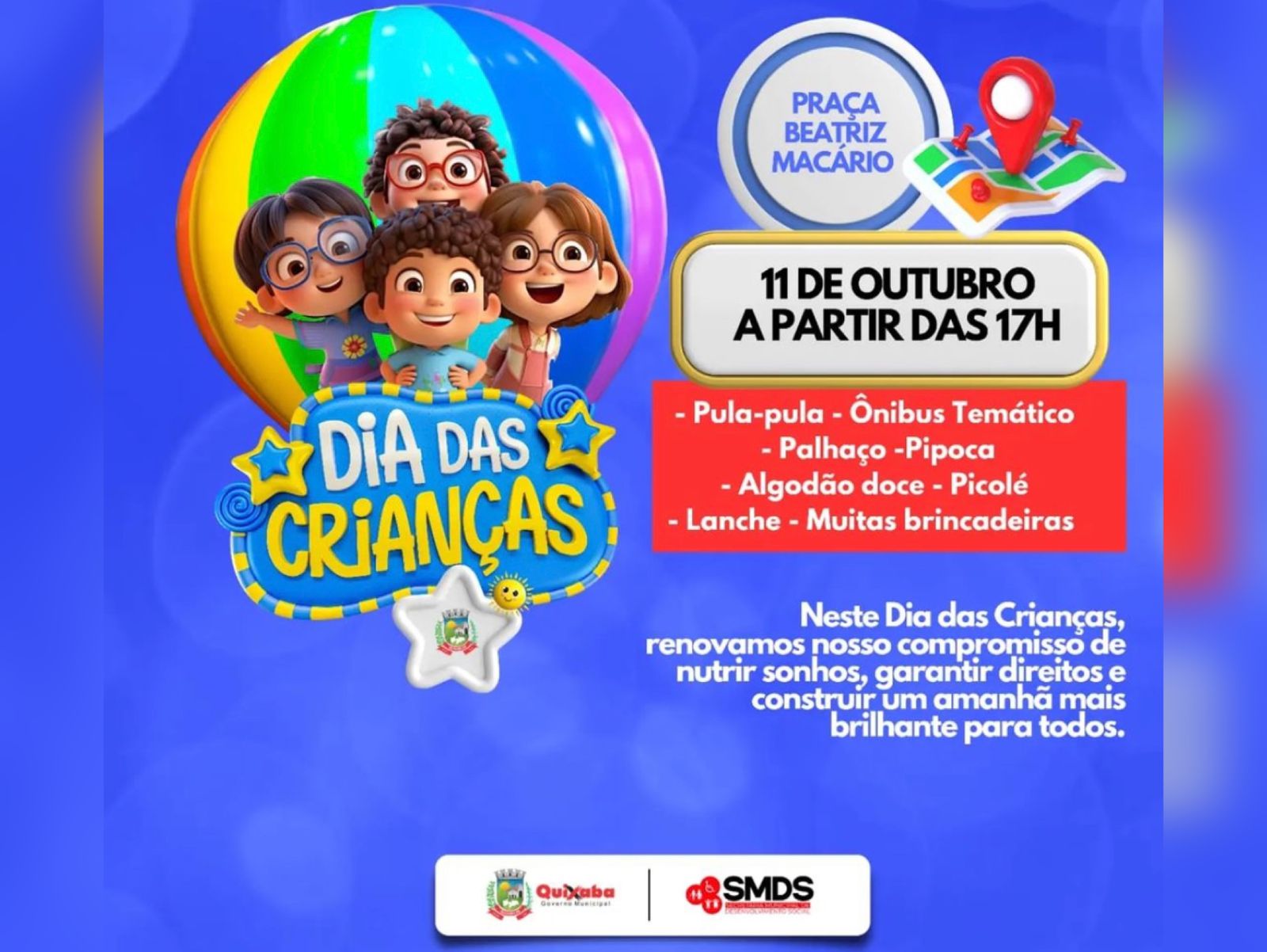Prefeitura de Quixaba e Secretaria de Desenvolvimento Social realizarão comemoração do dia das crianças em Praça Pública