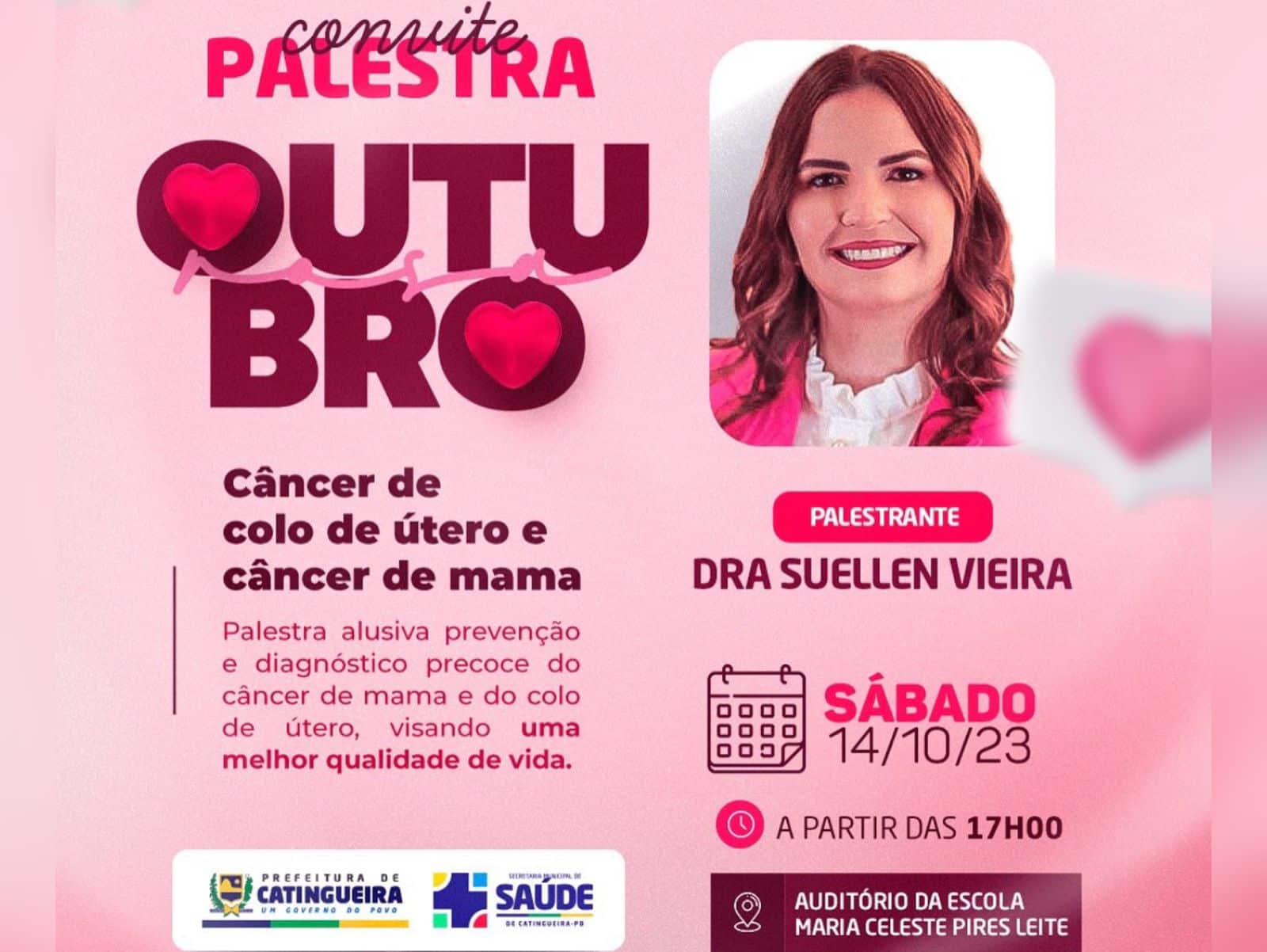 Secretaria de Saúde de Catingueira promove neste sábado (14), palestra com Dra. Suellen Vieira sobre Saúde Feminina, em alusão ao Outubro Rosa