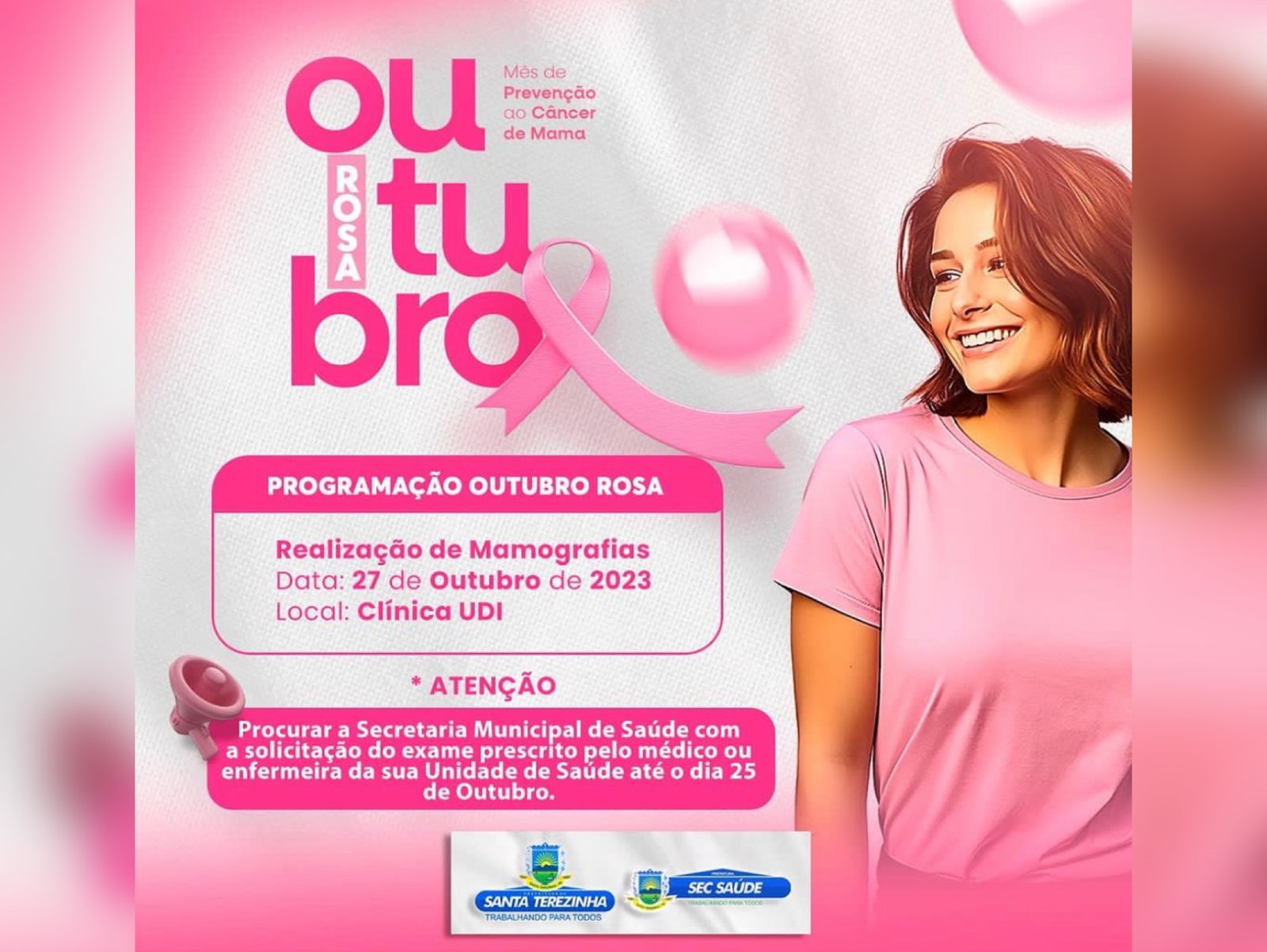 Prefeitura de Santa Terezinha-PB, em parceria com a Secretaria de Saúde, oferta mamografias como parte da programação do Outubro Rosa. Confira