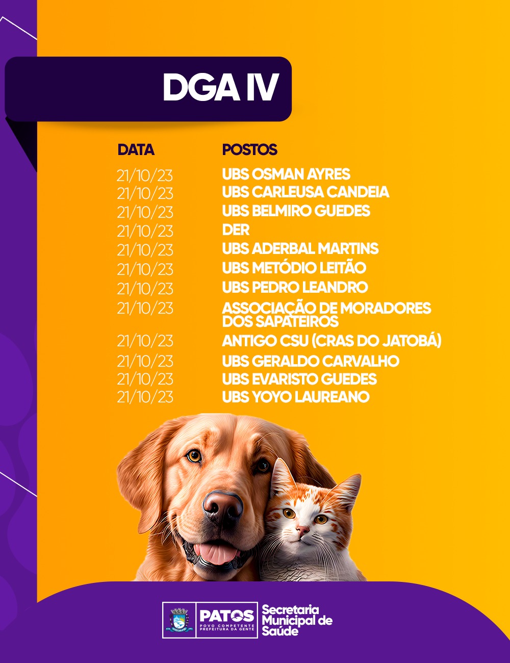 Dia D de vacinação antirrábica do DGA 4 em Patos: Neste sábado, 21 de outubro
