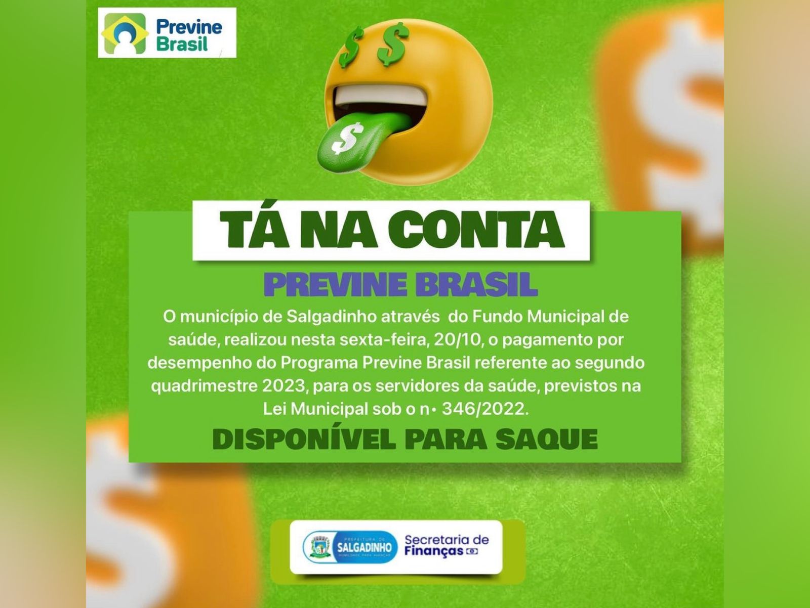 Município de Salgadinho realiza pagamento por desempenho do Programa Previne Brasil para servidores da saúde