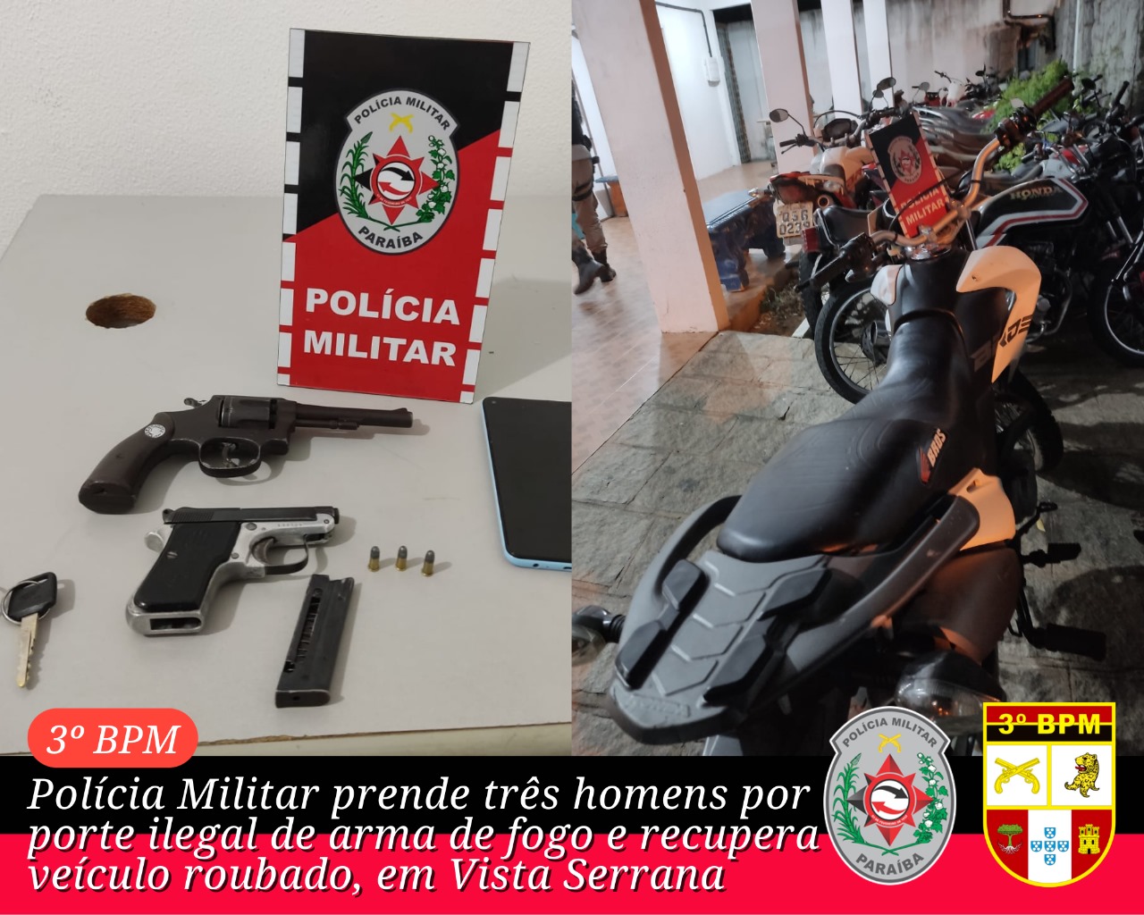 Polícia Militar prende três homens por porte ilegal de arma de fogo e recupera veículo roubado, em Vista Serrana