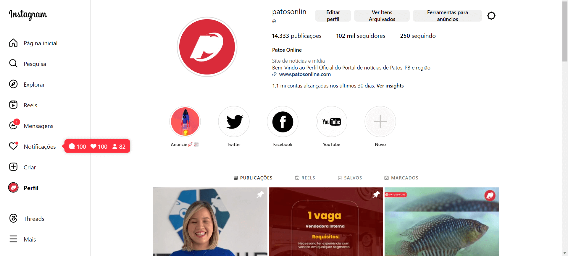 Patosonline.com ultrapassa a marca de 1.000.000 (um milhão) de contas alcançadas no Instagram em 30 dias
