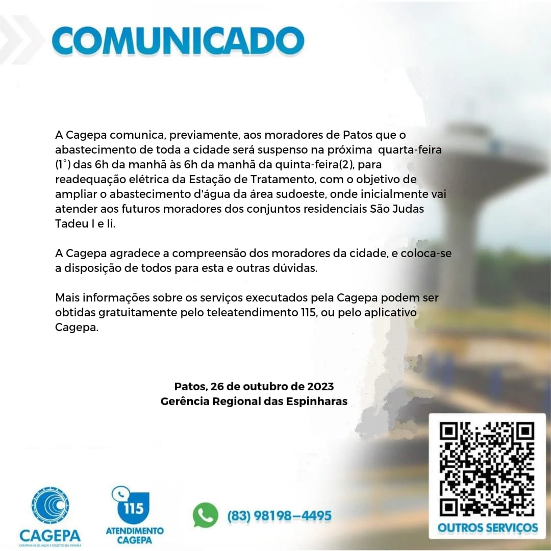 Abastecimento de água será suspenso em toda a cidade de Patos na próxima quarta-feira (01), informa Cagepa