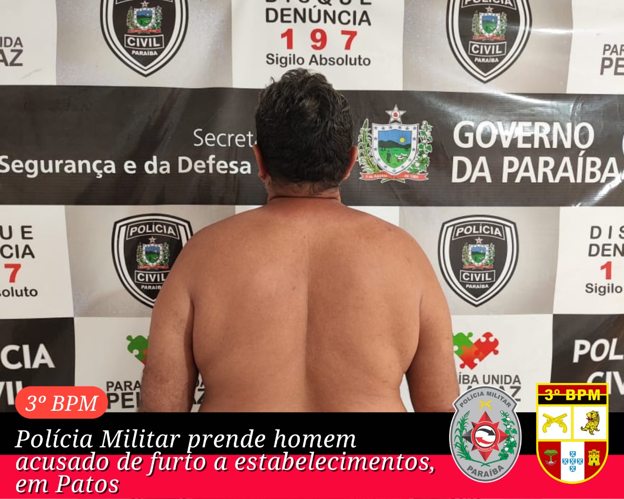 Polícia Militar prende homem acusado de furto a estabelecimentos comerciais, em Patos