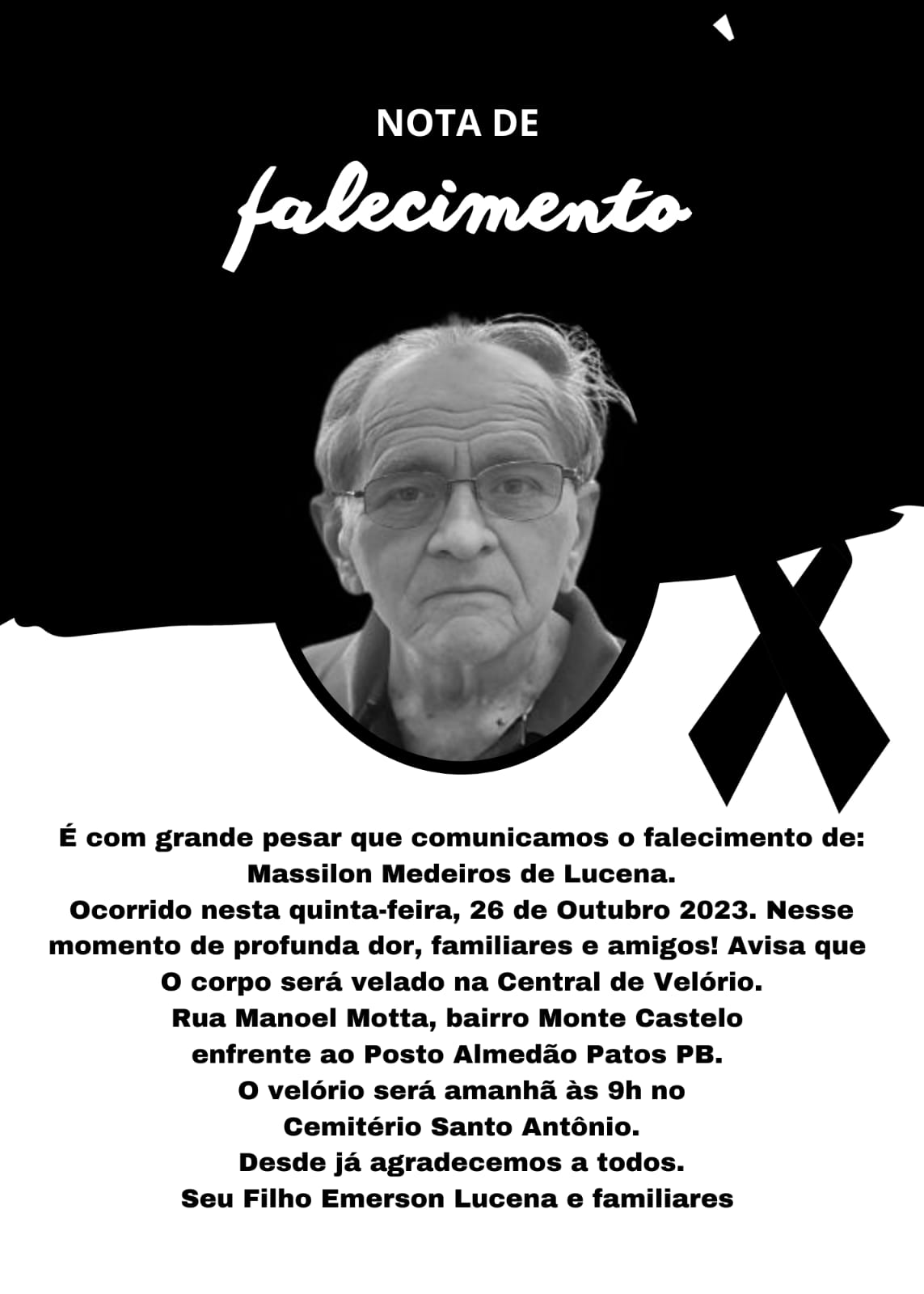 Familiares comunicam o falecimento do senhor Massilon Medeiros de Lucena