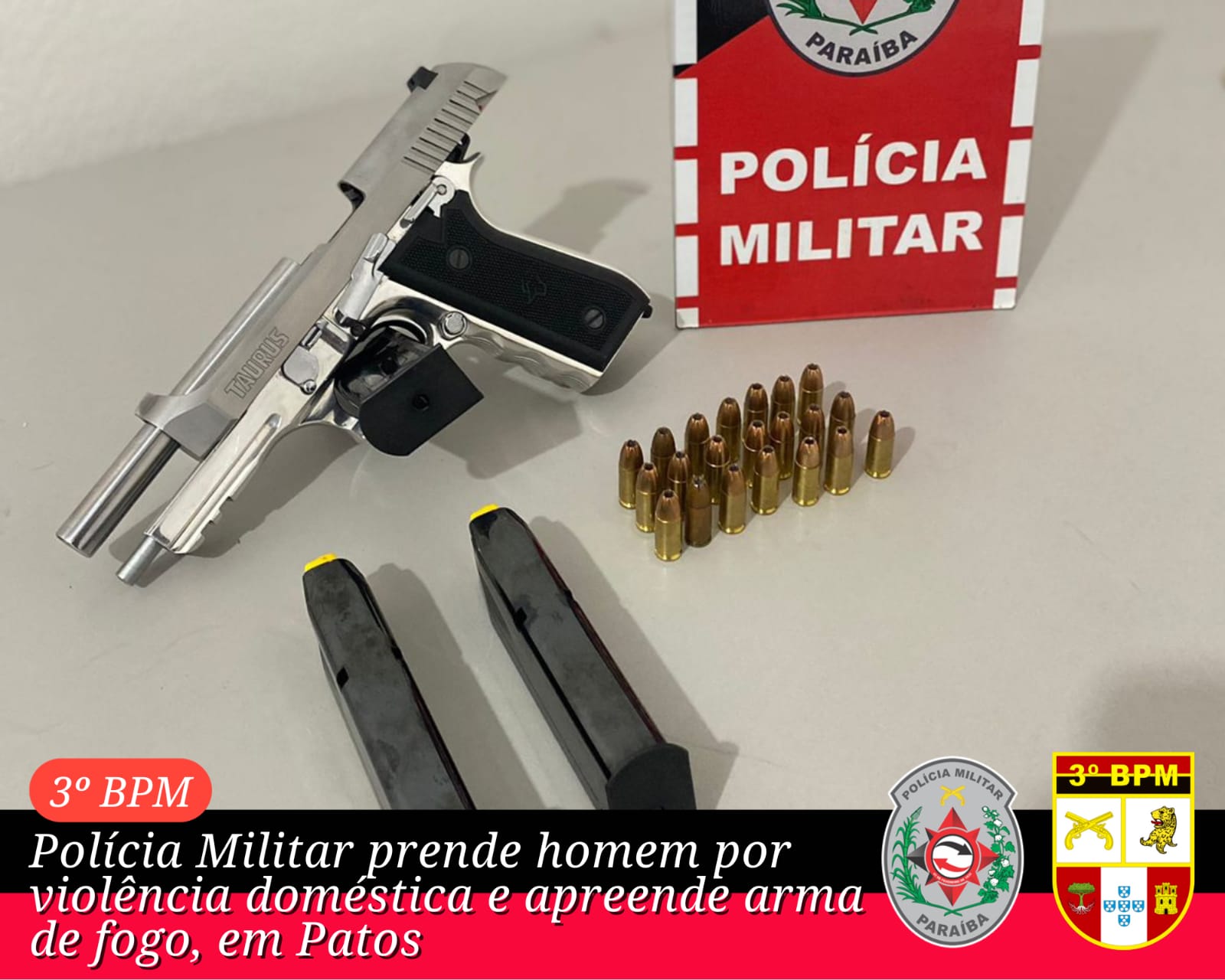 Polícia Militar prende homem por violência doméstica e apreende arma de fogo, em Patos