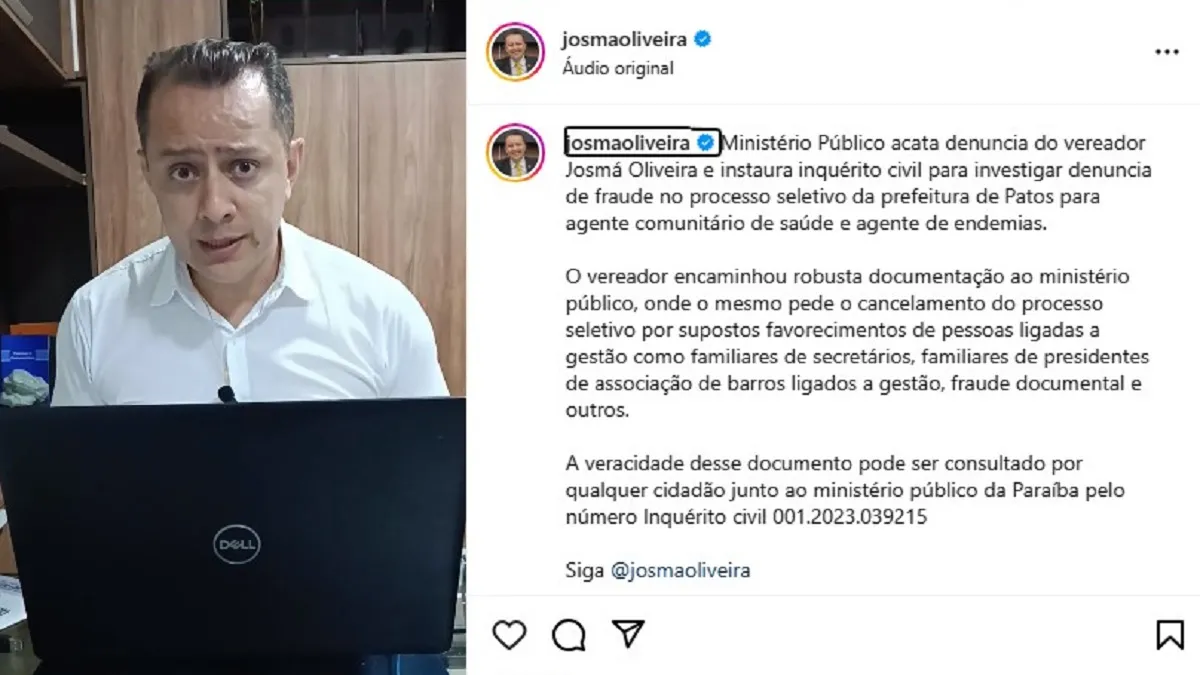 Ministério Público acata denúncia do vereador Josmá Oliveira e instaura inquérito civil