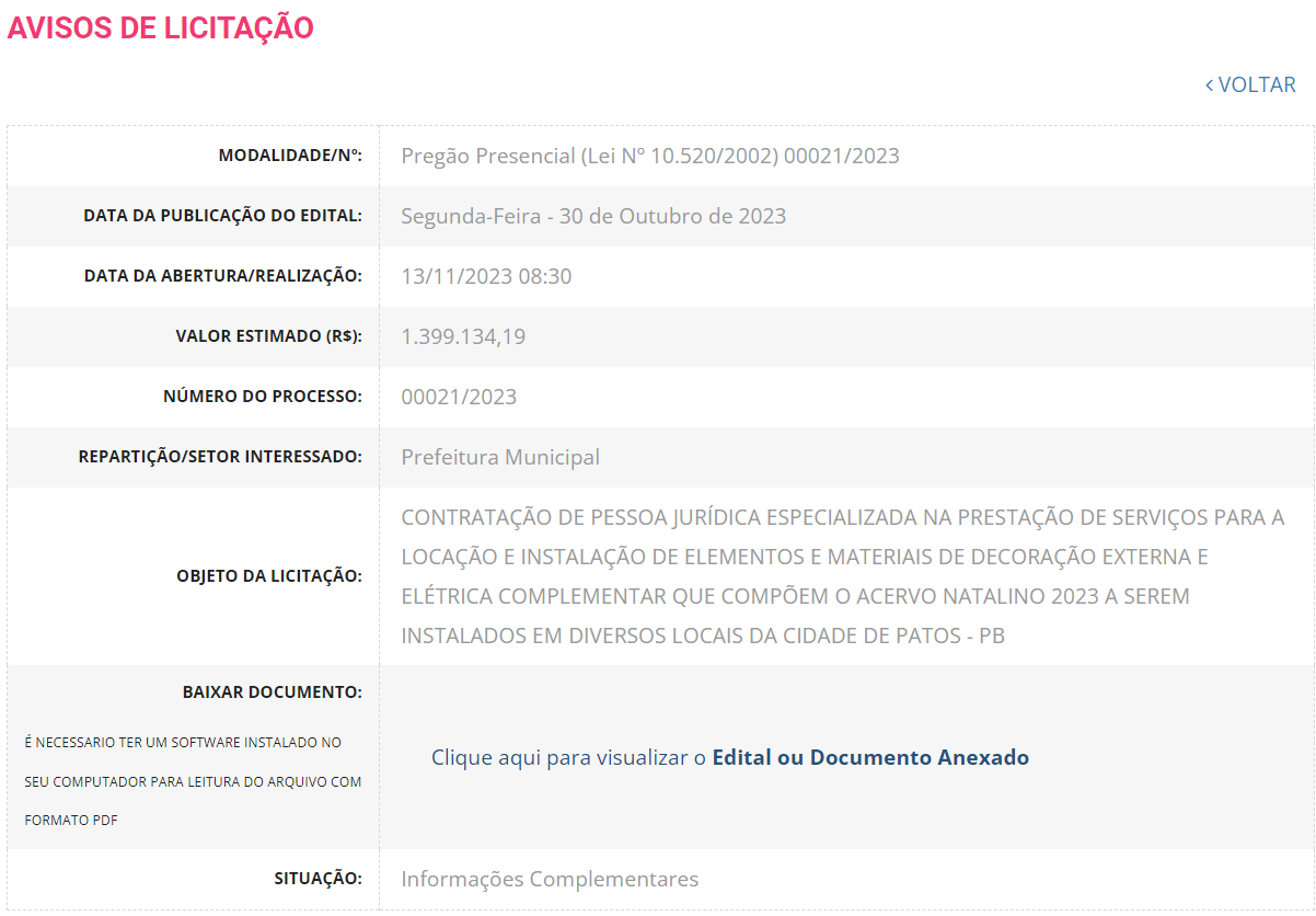 Prefeitura de Patos publica aviso de licitação para decoração natalina com valor estimado de quase R$ 1,4 milhões; gestão diz que valor tende a cair com processo licitatório