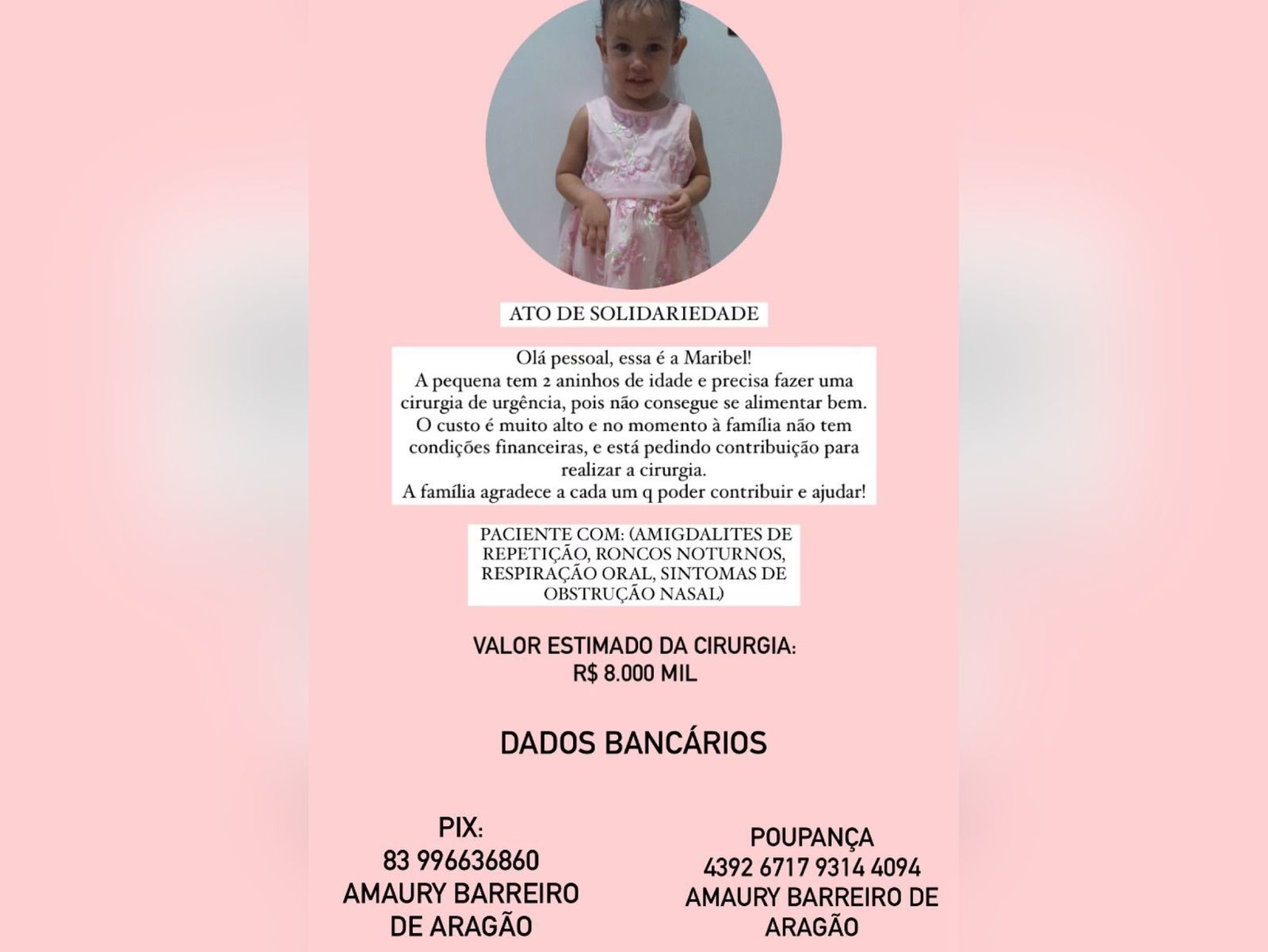 Mãe faz apelo por ajuda para cirurgia urgente de sua filha de 2 anos com problemas na garganta; Saiba como contribuir