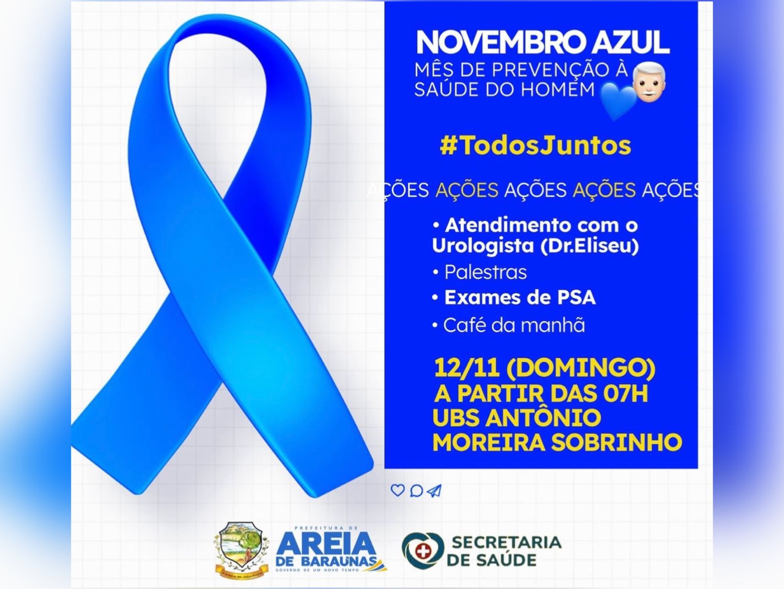 Prefeitura de Areia de Baraúnas promove ações de prevenção ao câncer de próstata no próximo domingo (12)