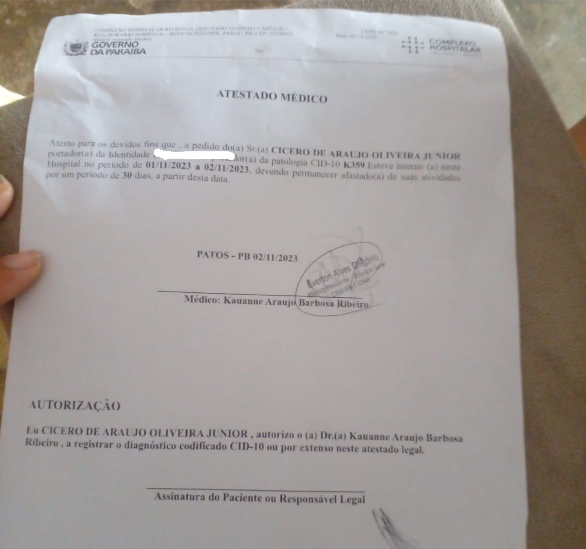 Em Patos, pai de família faz apelo nas redes sociais após passar por cirurgia de urgência e necessita de auxílio financeiro; saiba como ajudar