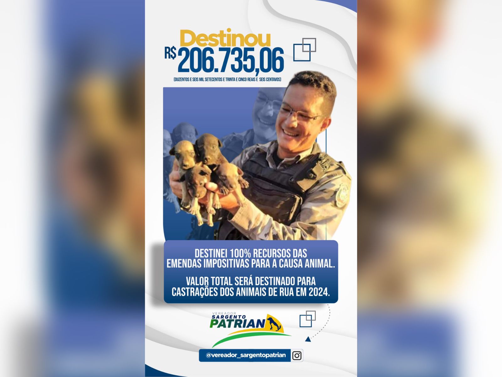 Vereador Sargento Patrian destinou mais de R$200 Mil em emendas impositivas para a causa animal em Patos