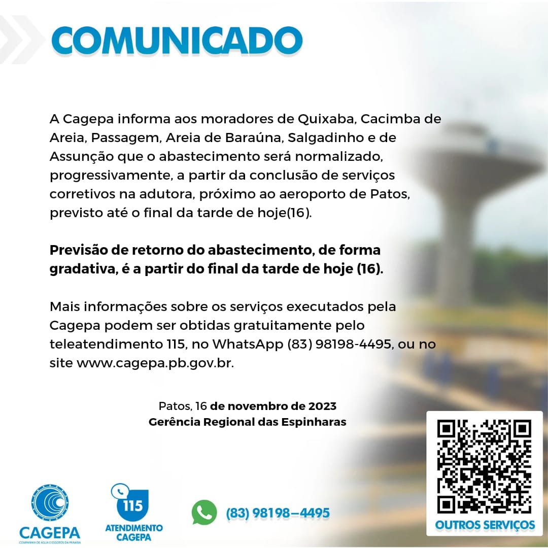 Cagepa comunica interrupção no abastecimento em Quixaba, Cacimba de Areia, Passagem, Areia de Baraúnas, Salgadinho e Assunção