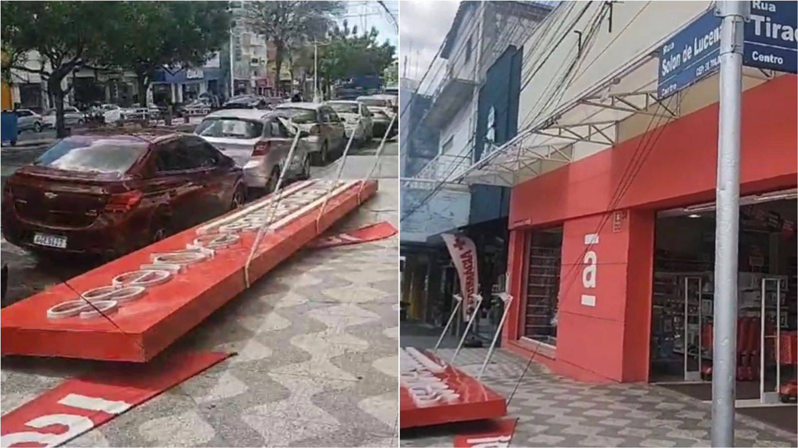 Ventania derruba placa da fachada das Lojas Americanas no Centro de Patos, na tarde desta quinta-feira (16); veja vídeo