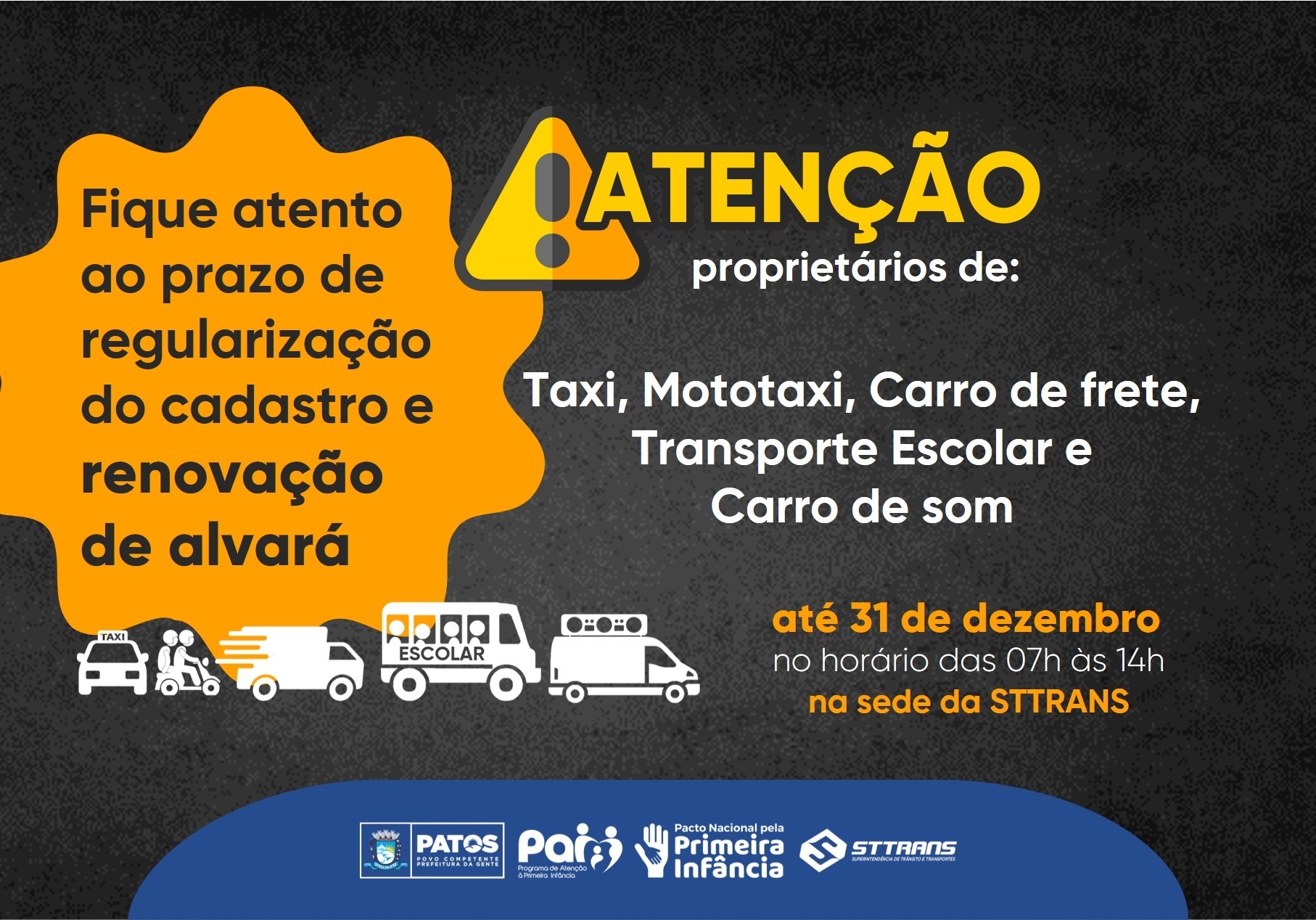 STTRANS de Patos realiza Chamada Pública para renovação de alvarás de táxi, mototaxi e outros transportes