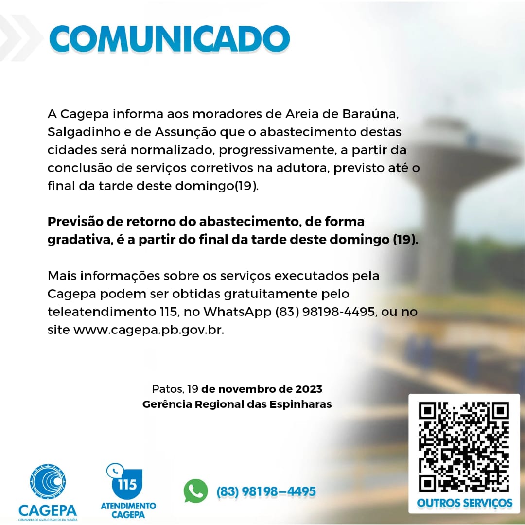 Cagepa comunica prazo para retorno do abastecimento em Areia de Baraúnas, Salgadinho e Assunção