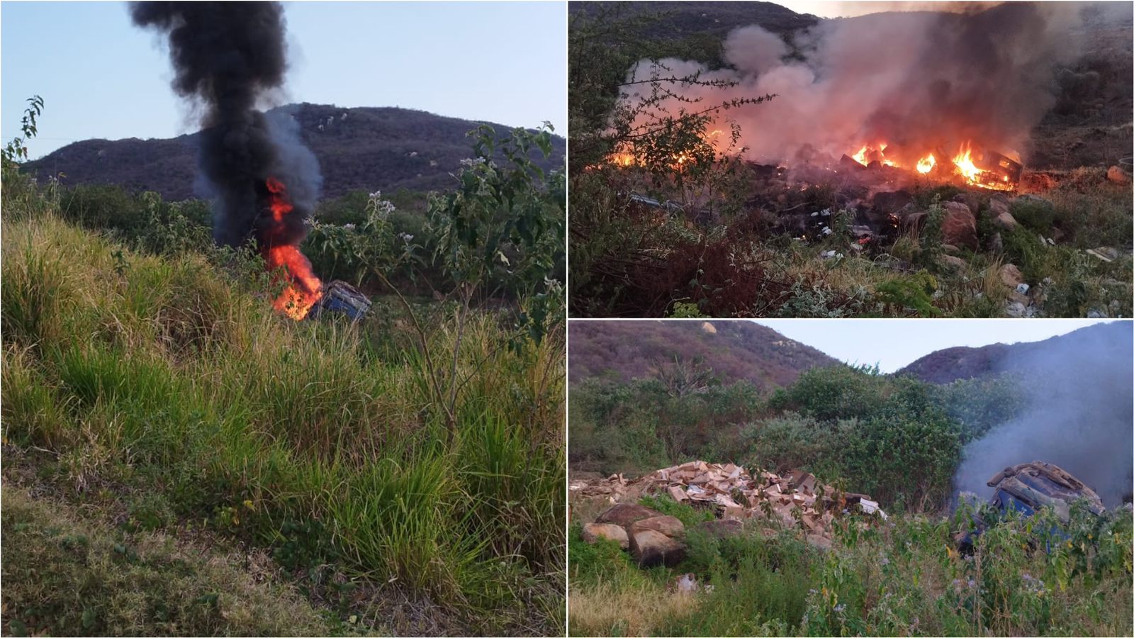 Caminhão carregado de carne pega fogo após capotar na Serra do Teixeira na tarde deste domingo (19); motorista foi socorrido para o Hospital de Patos