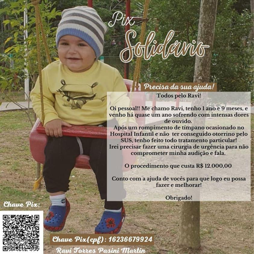 Campanha de PIX Solidário busca ajuda para cirurgia urgente de bebê de 1 ano e 9 meses após rompimento do tímpano; veja como contribuir