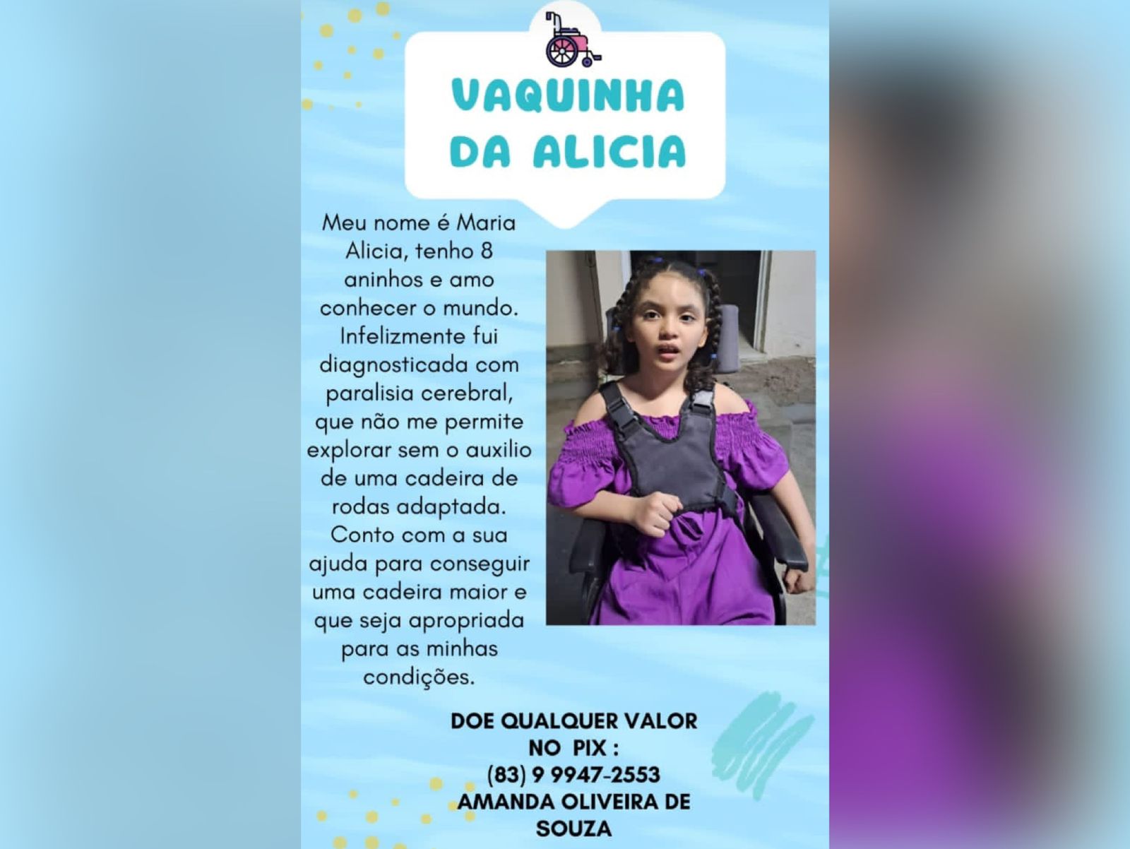 Em Patos, mãe procura Patosonline e pede ajuda na realização de vaquinha para filha de 8 anos diagnosticada com paralisia cerebral