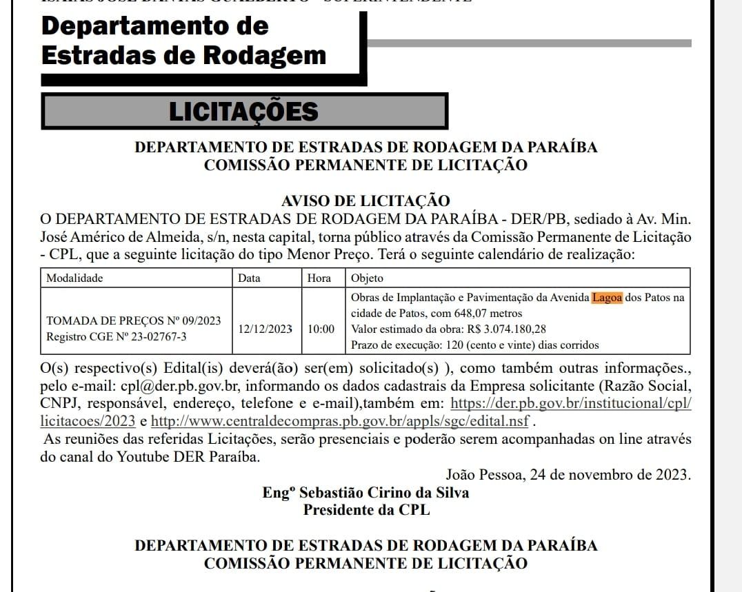 Governo do Estado publica aviso de licitação para pavimentação da Avenida Lagoa dos Patos, com valor estimado de R$ 3 milhões