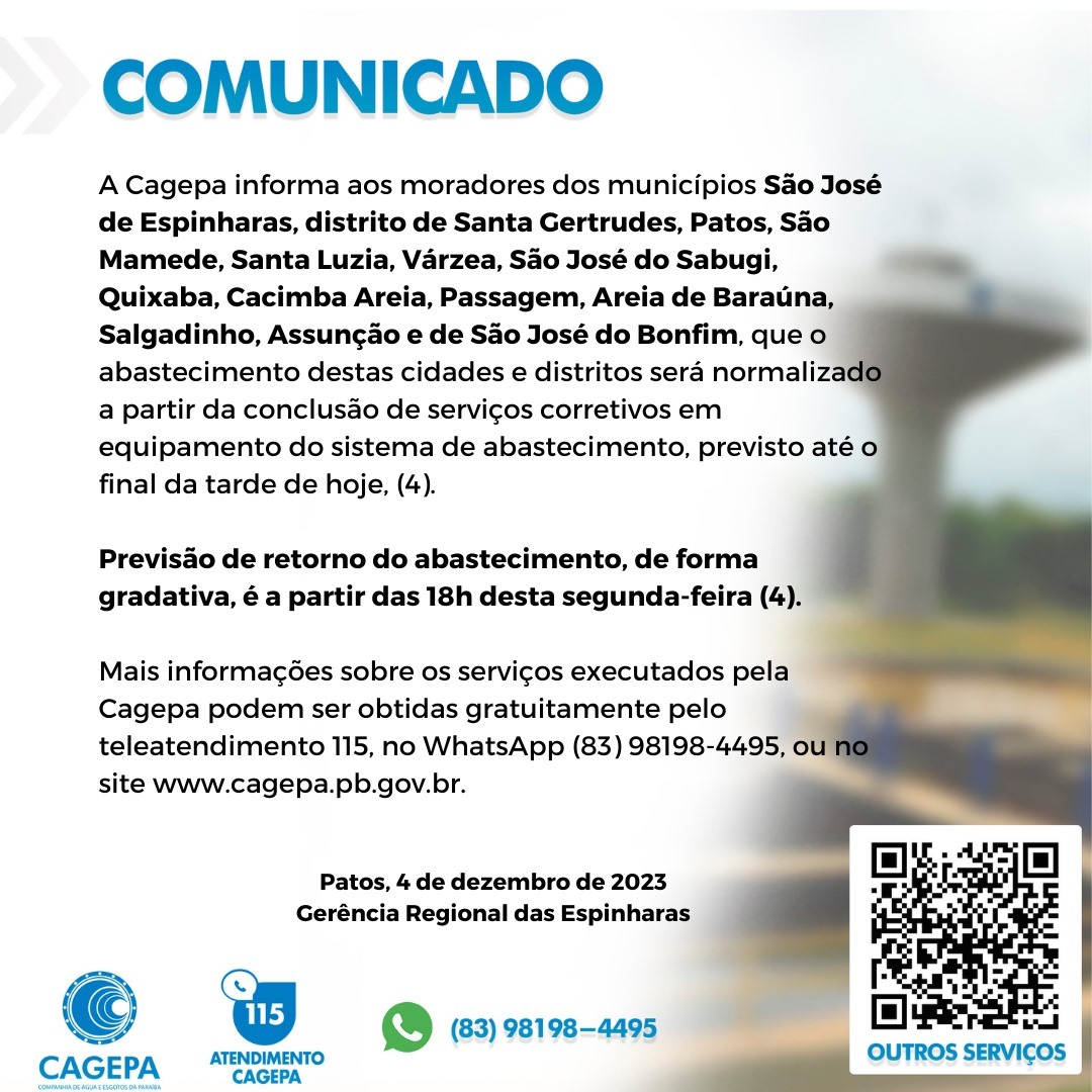 Cagepa informa prazo para normalização do abastecimento em Patos e cidades da região nesta segunda-feira (04)