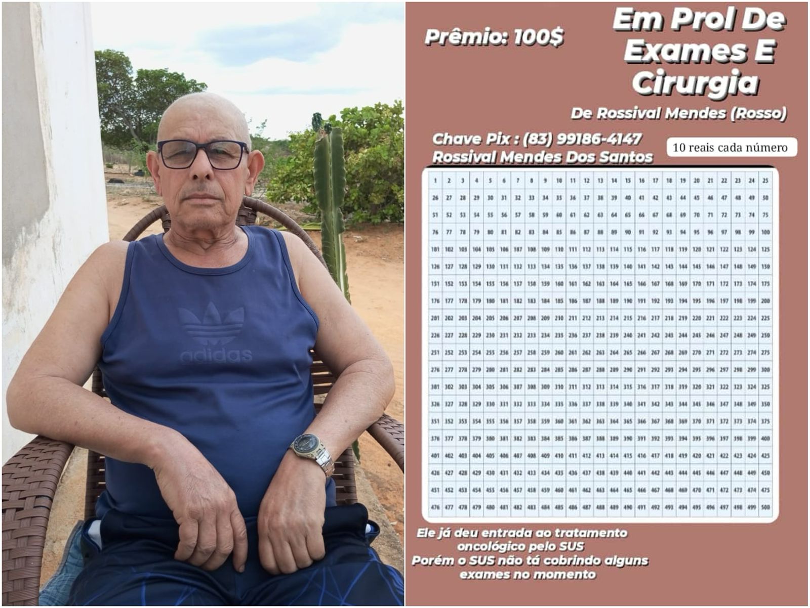 Família realiza pix premiado para ajudar no tratamento oncológico do Sr. Rossival Mendes, residente no município de Matureia