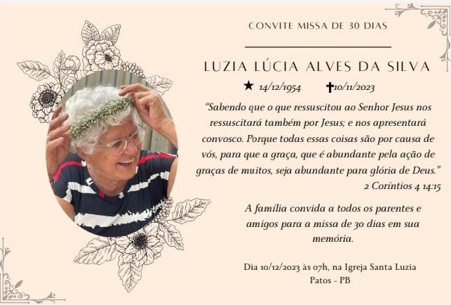 Familiares convidam parentes e amigos para missa de 30ª dia em memória de Luzia Lúcia Alves da Silva (Lucinha da Pamonha)
