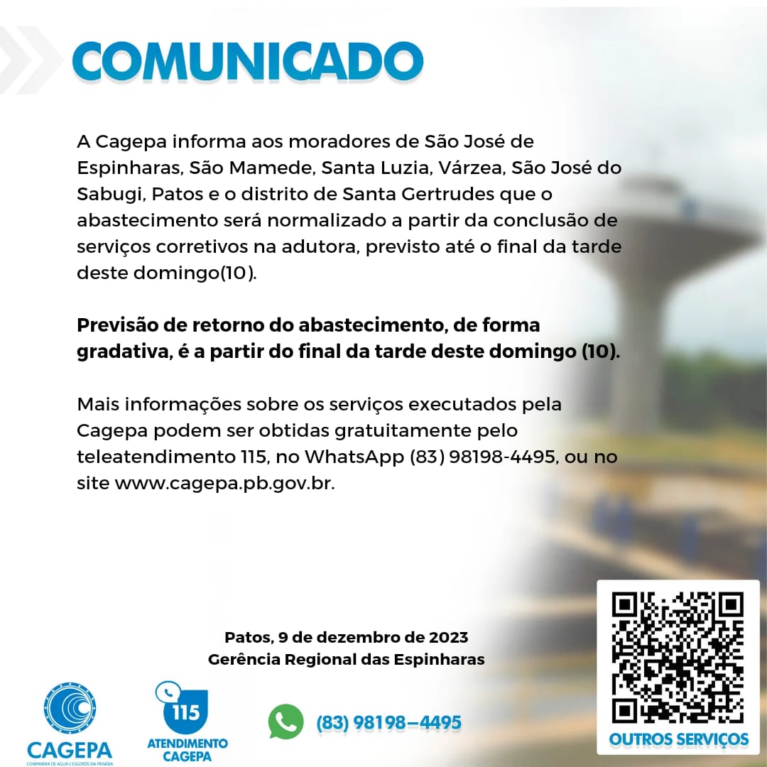 Cagepa comunica prazo para retomada do abastecimento de água em Patos e cidades da região