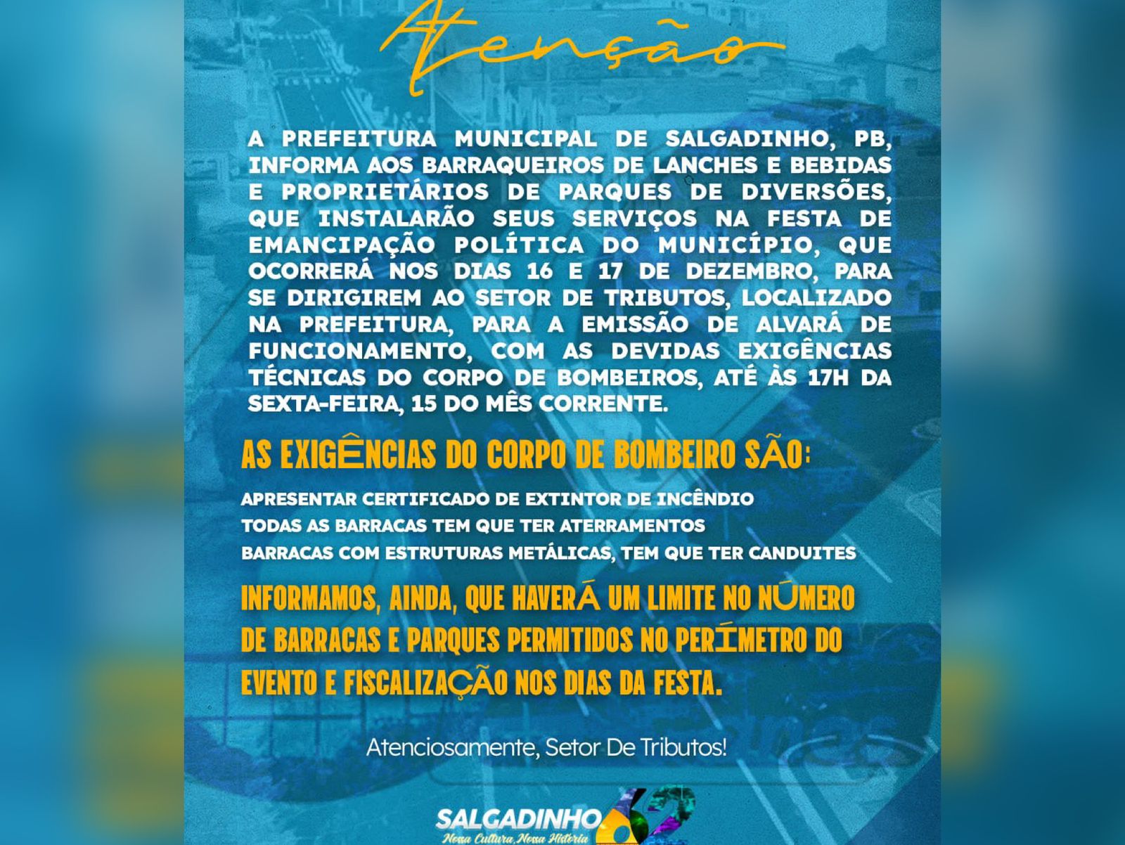 Salgadinho-PB convoca barraqueiros e proprietários de parques de diversões para emissão de alvará de funcionamento da festa nos dias 16 e 17 de dezembro
