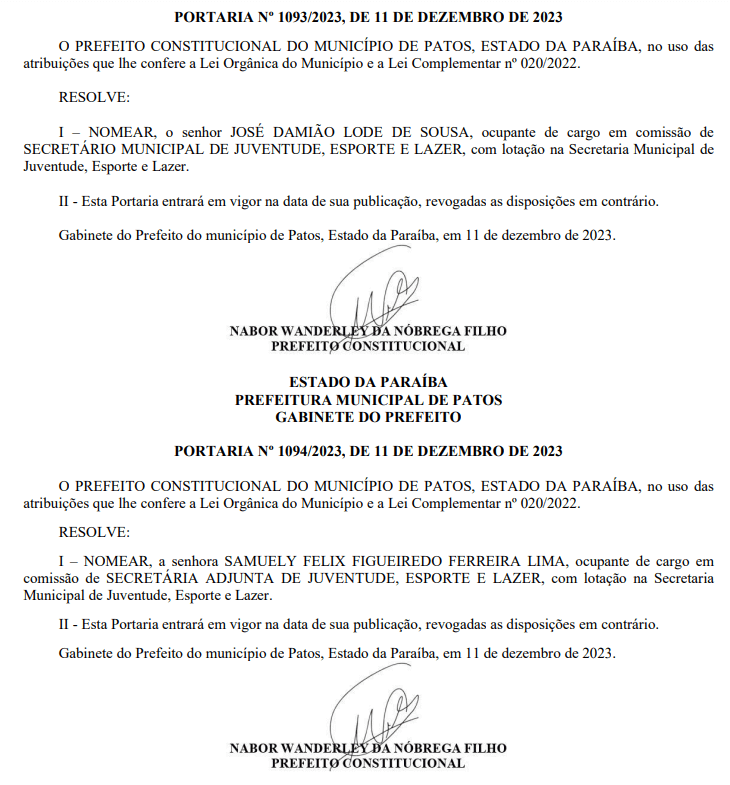 Prefeito Nabor Wanderley nomeia Dam Di Sousa como secretário de Juventude, Esporte e Lazer, e sobrinha de Cicinho como secretária adjunta