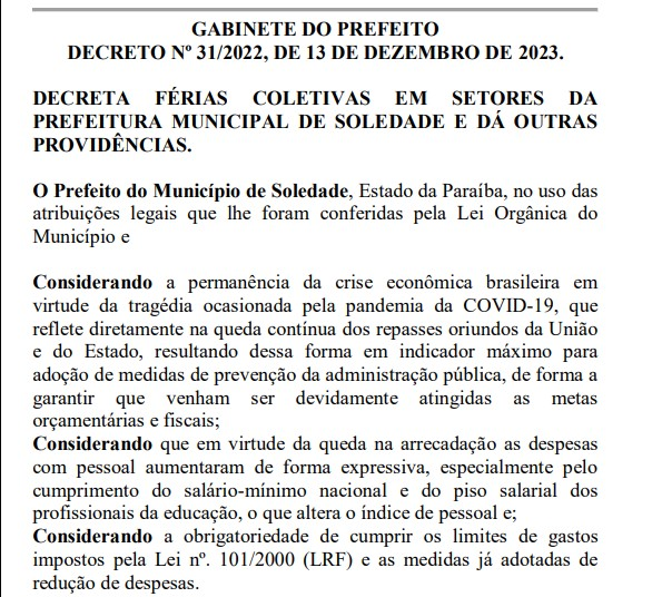 Mais um prefeito da PB alega crise e promove corte de gastos, inclusive instituindo férias coletivas para servidores 
