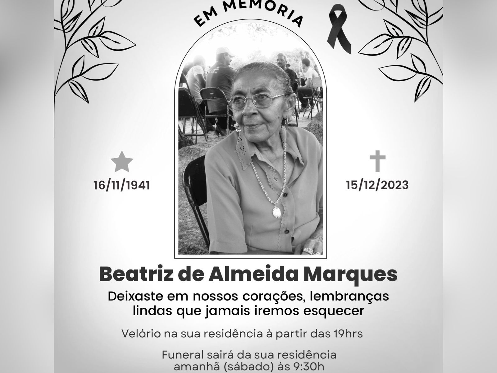 Família informa o falecimento de Dona Beatriz de Almeida Marques, ocorrido nesta sexta-feira (15)